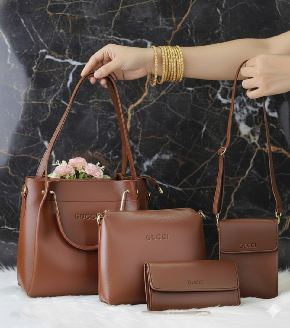 4 Piece Leather LADIES FASHIONABLE COMBO Bag (coffee)