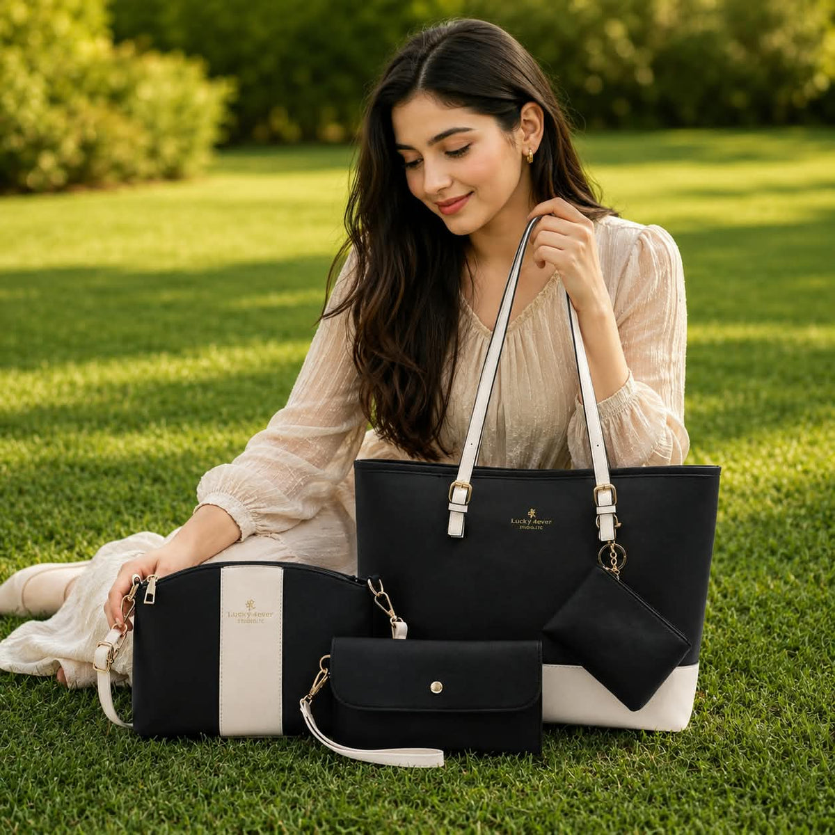 4pcs Combo Women Soft Synthetic Tote Bag (Black)