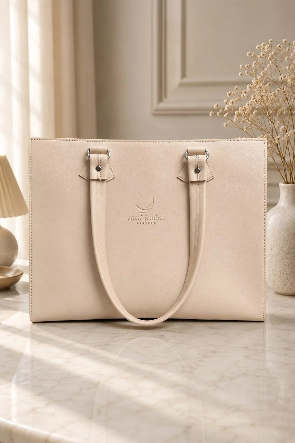 Premium Elegant Leather Tote Bag  (Ivory Cream)