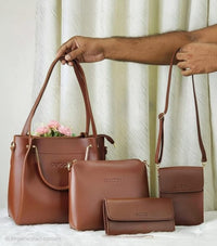 4 Piece Leather LADIES FASHIONABLE COMBO Bag (coffee)