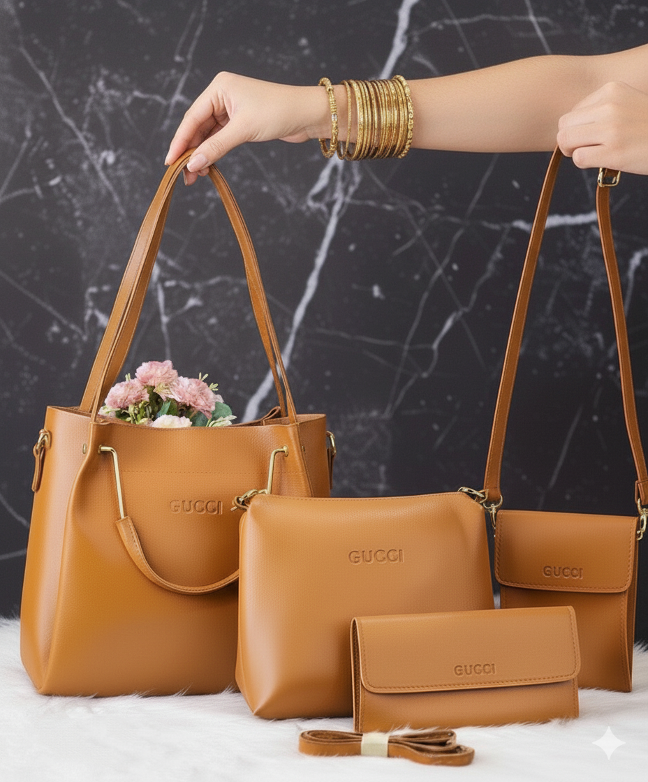 4 Piece Leather LADIES FASHIONABLE COMBO Bag  (Brown)