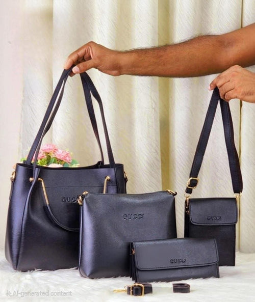 4 Piece Leather LADIES FASHIONABLE COMBO Bag  (Black)