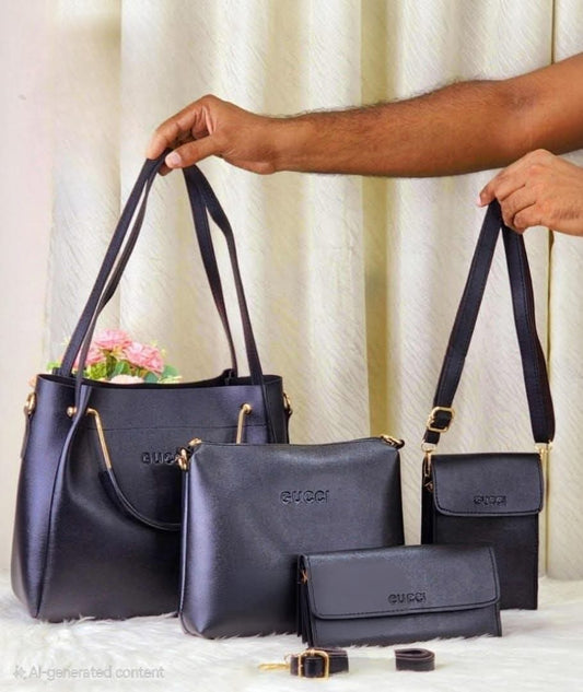 4 Piece Leather LADIES FASHIONABLE COMBO Bag  (Black)