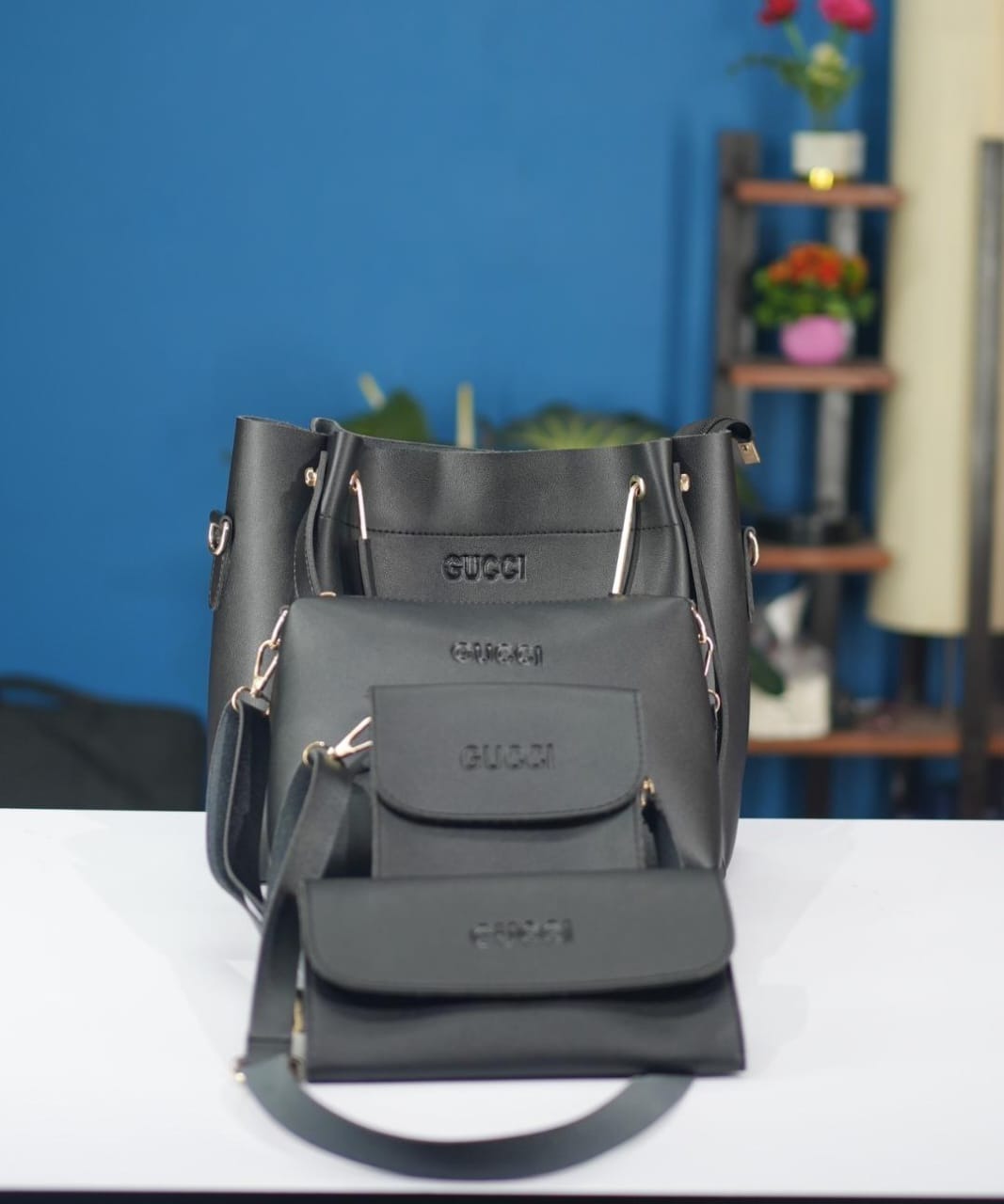 4 Piece Leather LADIES FASHIONABLE COMBO Bag  (Black)