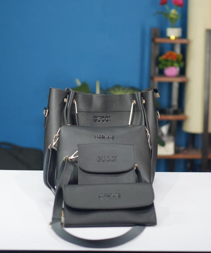 4 Piece Leather LADIES FASHIONABLE COMBO Bag  (Black)