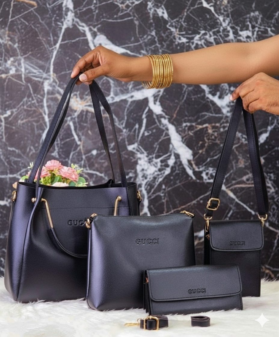 4 Piece Leather LADIES FASHIONABLE COMBO Bag  (Black)