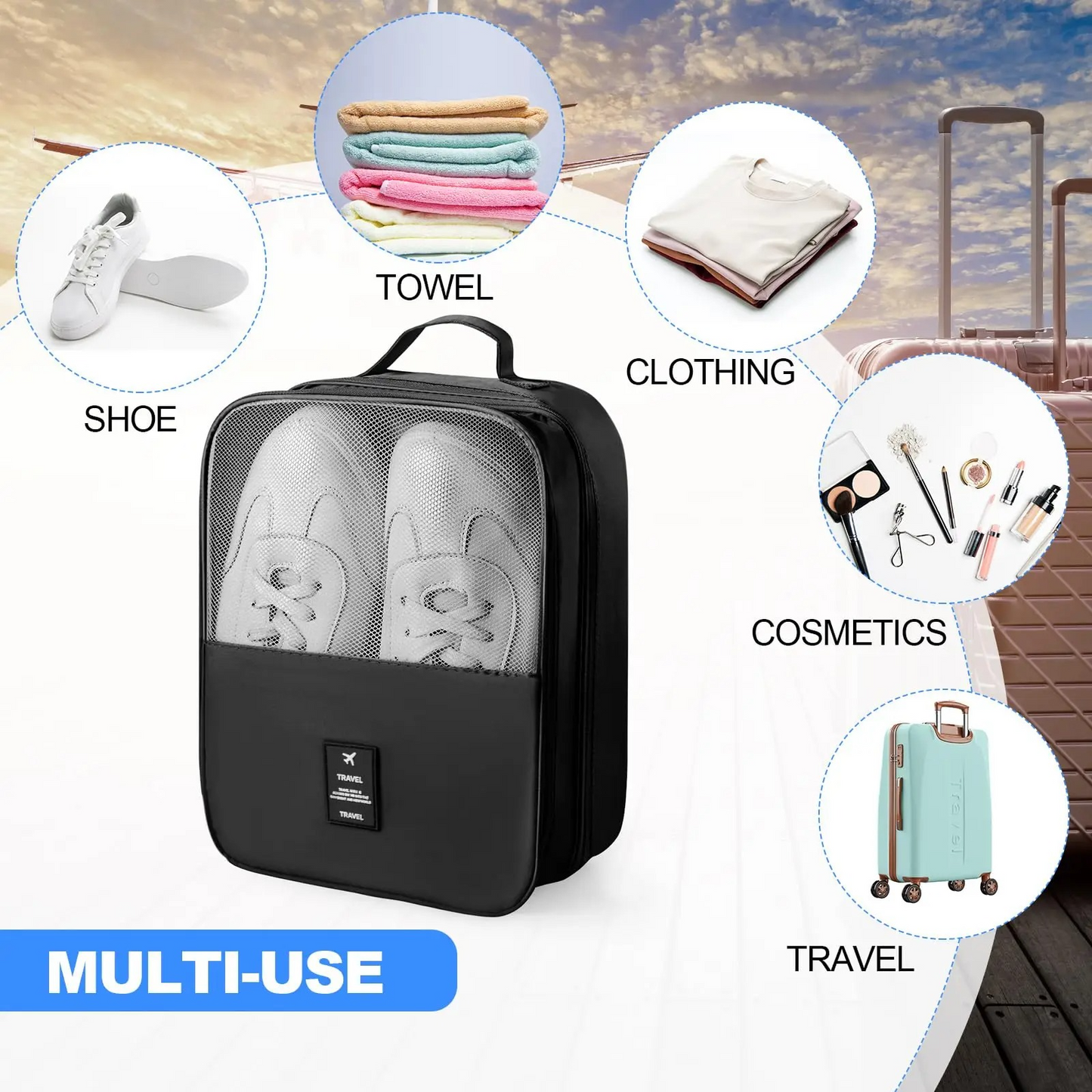 Waterproof Shoe Bags for Travel Bag for Packing Portable Shoe Cubes (Black)